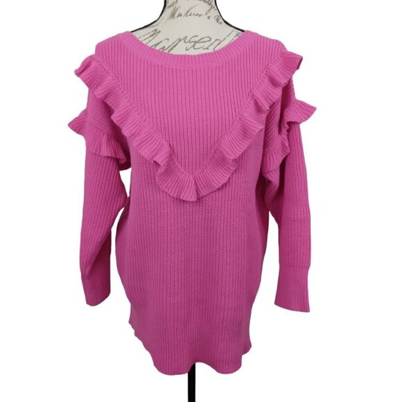 Express | Fuchsia Pink Ruffle Ribbed Oversized Sweater | Size S - Picture 1 of 6